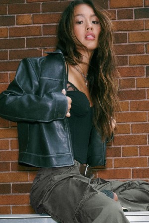 Black Garage Faux Leather Women Down Jackets | A-7394185