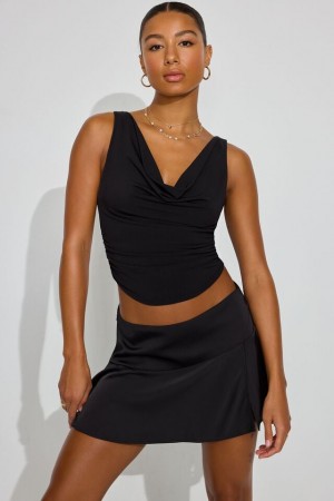 Black Garage Satin With Slit Women Skorts | A-4718639