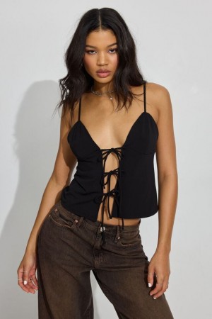 Black Garage Tie Front Cami Women Tank Top | A-2596831