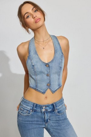 Blue Garage Denim Halter Women Vest | A-1964780
