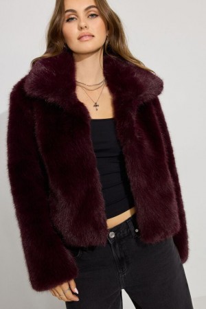 Dark Red Garage Short Faux Fur Women Coat | A-0843957