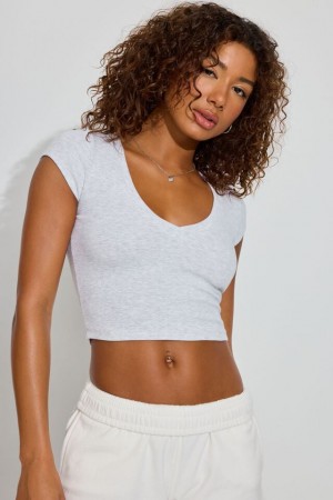 Grey Garage V Neck Ribbed Women T Shirts | A-3468529
