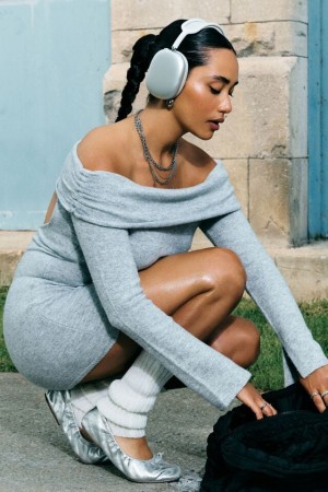 Light Grey Garage Scarlet Spongy Off Shoulder Women Dress | A-8216307