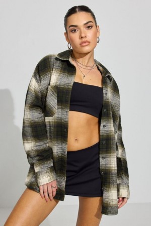 Olive Green Garage Noah Plaid Button-up Women Long Sleeve | A-7243190