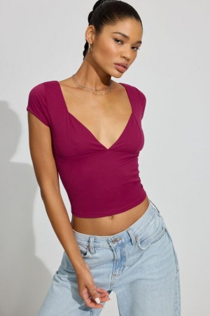 Purple Red Garage Plunge Seamed Women T Shirts | A-9245078