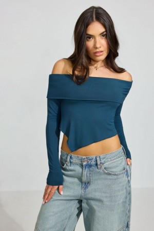 Turquoise Garage Asymmetric Women Long Sleeve | A-9230864
