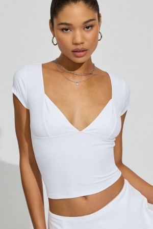 White Garage Plunge Seamed Women T Shirts | A-9153428