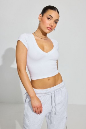 White Garage V Neck Ribbed Women T Shirts | A-3841902