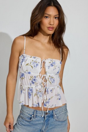 White / Blue Garage Tie Front Babydoll Cami Women Tank Top | A-6817520