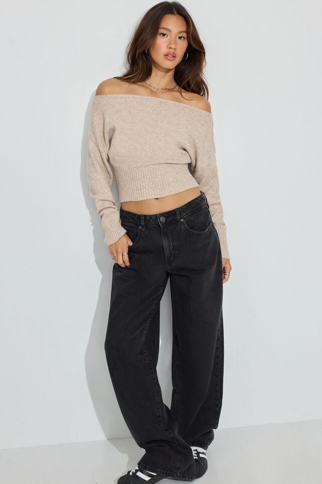 Beige Garage Spongy Off Shoulder Women Sweater | A-5312847