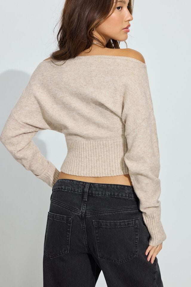 Beige Garage Spongy Off Shoulder Women Sweater | A-5312847