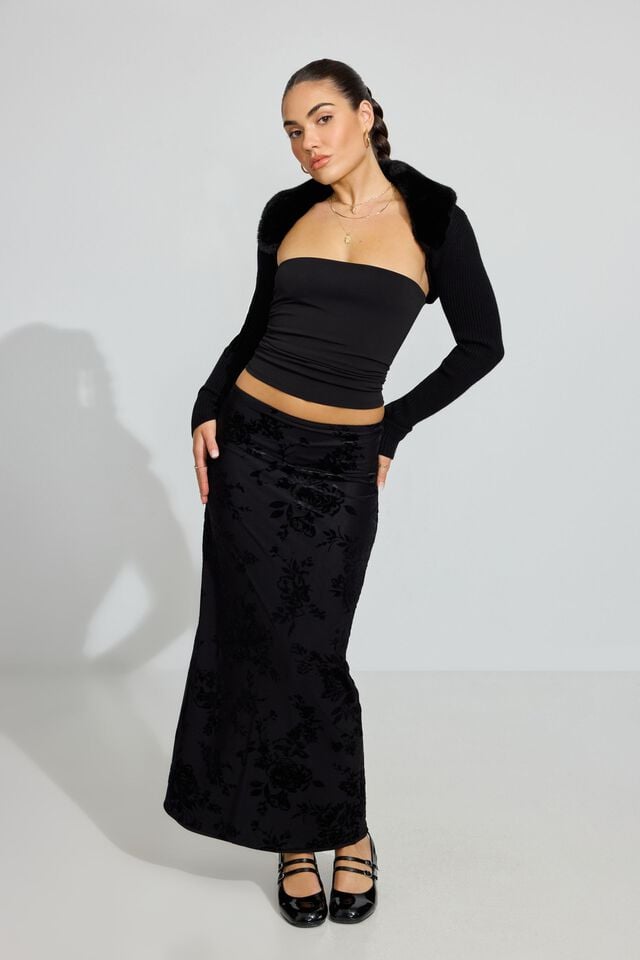 Black Garage Burnout Velvet Maxi Women Skirts | A-2915074