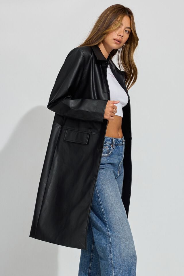 Black Garage Faux Leather Car Women Coat | A-1834976