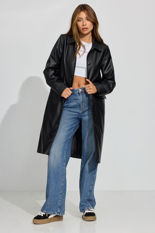 Black Garage Faux Leather Car Women Coat | A-1834976