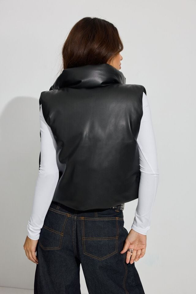 Black Garage Faux Leather Mini Women Puffer Vest | A-0975132