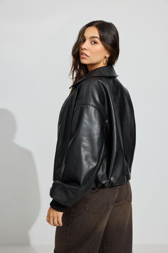 Black Garage Faux Leather Women Down Jackets | A-6890531
