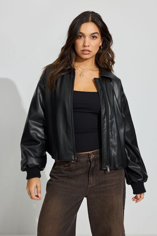 Black Garage Faux Leather Women Down Jackets | A-1395876