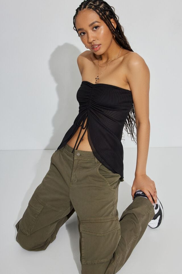 Black Garage Flyaway Ruched Tube Women Tank Top | A-9561074