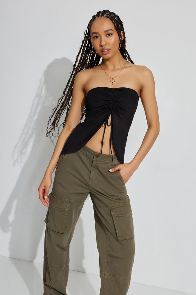 Black Garage Flyaway Ruched Tube Women Tank Top | A-9561074