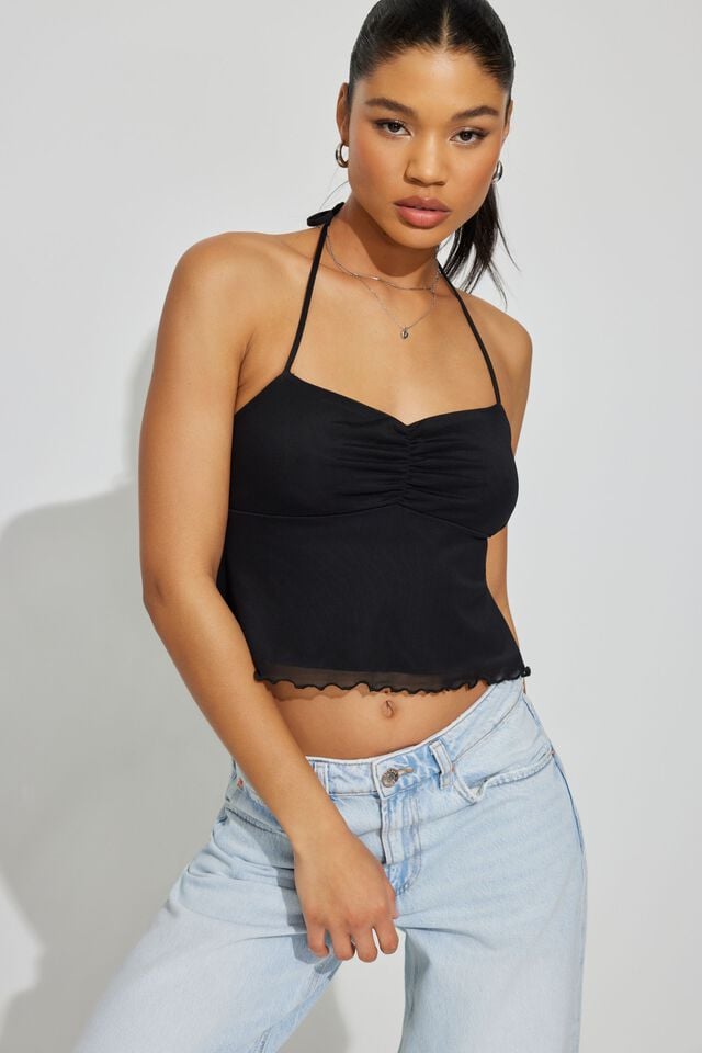Black Garage Mesh Apron Back Halter Women Tank Top | A-4891056