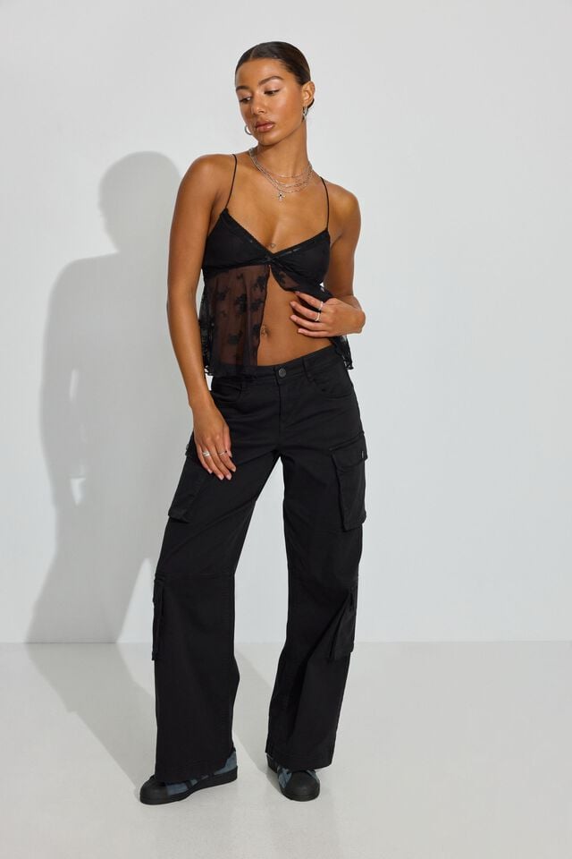 Black Garage Mesh Flyaway Cami Women Tank Top | A-9247365