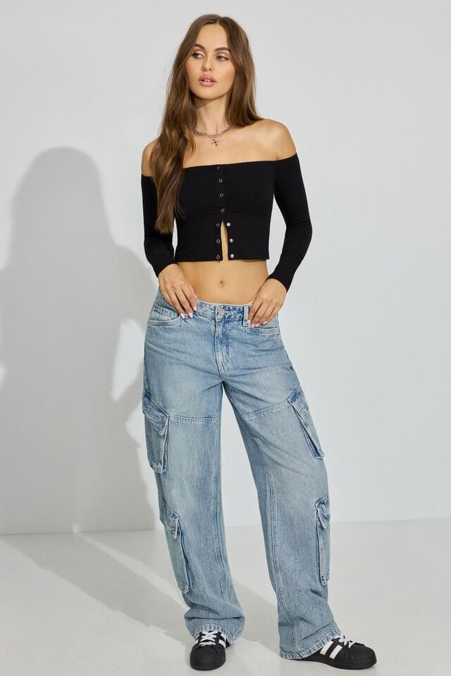Black Garage Off Shoulder Snap Front Women Long Sleeve | A-2839561