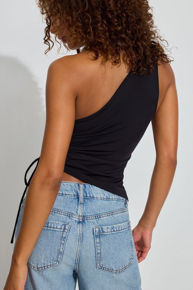 Black Garage Ruched One Shoulder Women Tank Top | A-2756340