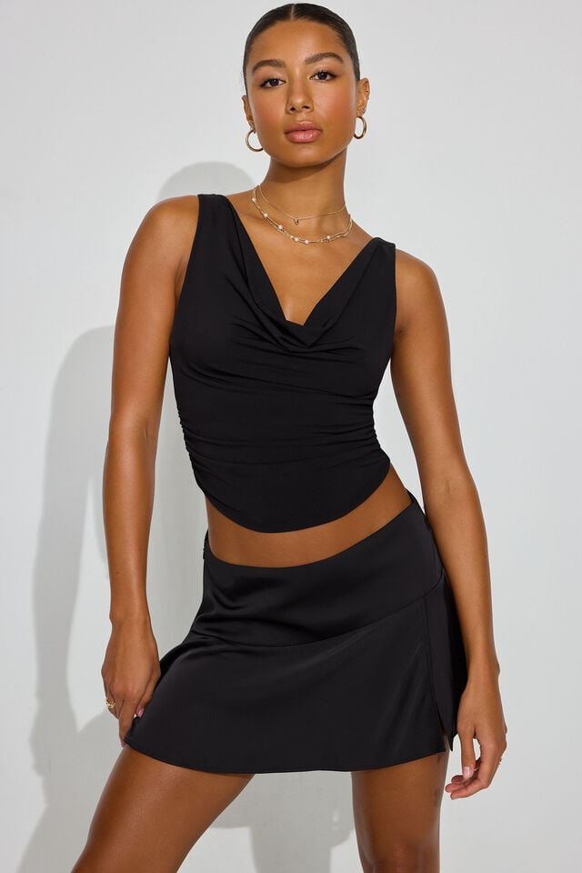 Black Garage Satin With Slit Women Skorts | A-4718639
