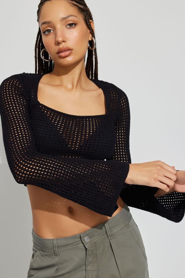 Black Garage Square Neck Open Knit Women Sweater | A-6523901