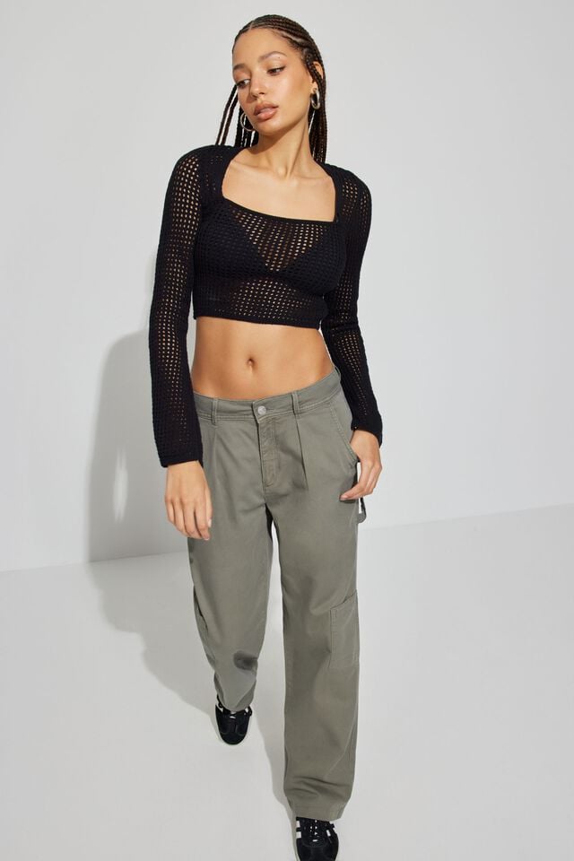 Black Garage Square Neck Open Knit Women Sweater | A-6523901