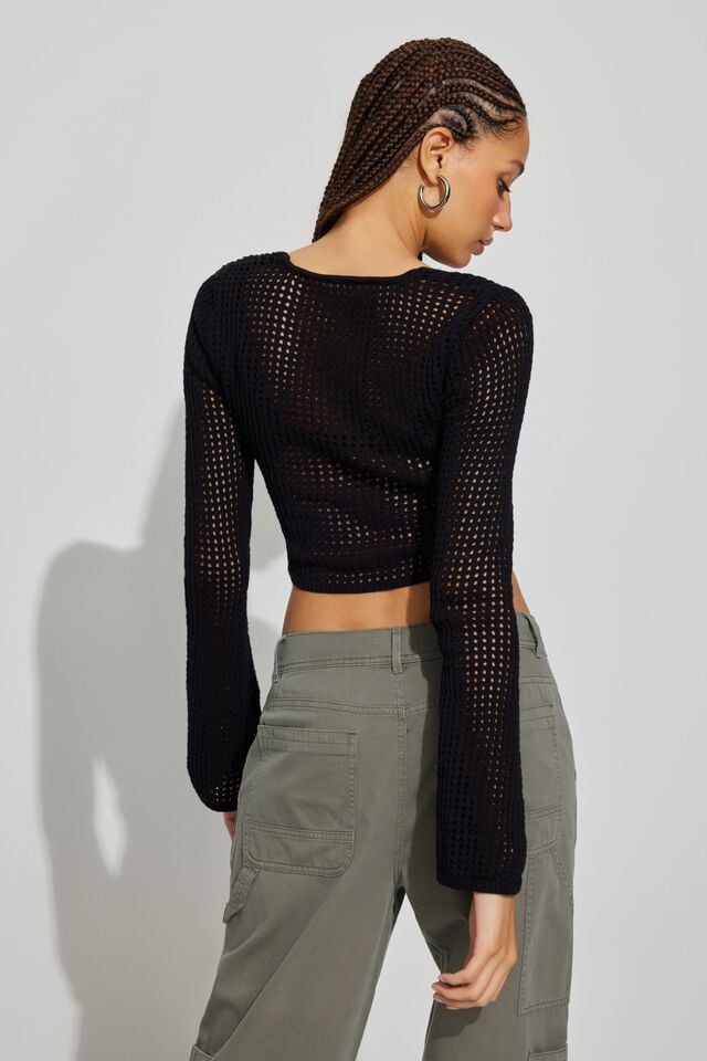 Black Garage Square Neck Open Knit Women Sweater | A-6523901