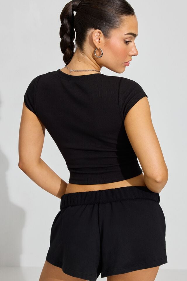 Black Garage V Neck Ribbed Women T Shirts | A-7608512