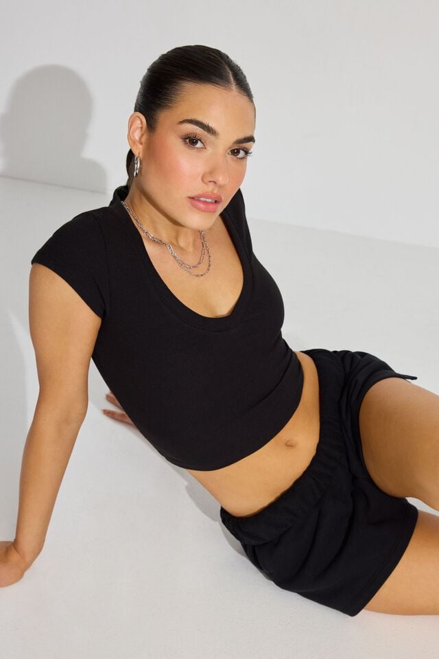 Black Garage V Neck Ribbed Women T Shirts | A-7608512