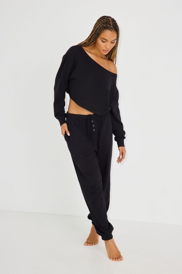 Black Garage Waffle Off Shoulder Women Tank Top | A-9401738