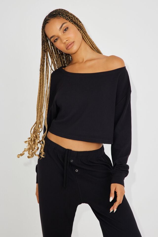Black Garage Waffle Off Shoulder Women Tank Top | A-9401738