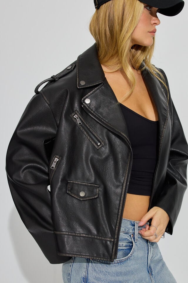 Black Garage Washed Faux Leather Women Down Jackets | A-0854397