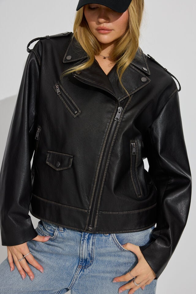Black Garage Washed Faux Leather Women Down Jackets | A-0854397