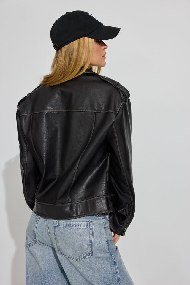 Black Garage Washed Faux Leather Women Down Jackets | A-0854397