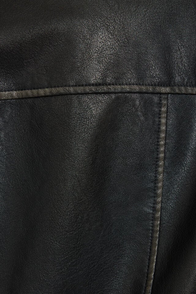 Black Garage Washed Faux Leather Women Down Jackets | A-0854397