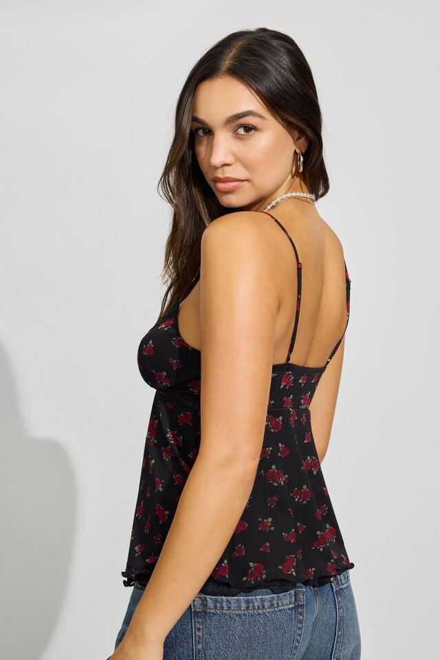 Black / Rose Garage Lace Trim Flyaway Cami Women Tank Top | A-6895274
