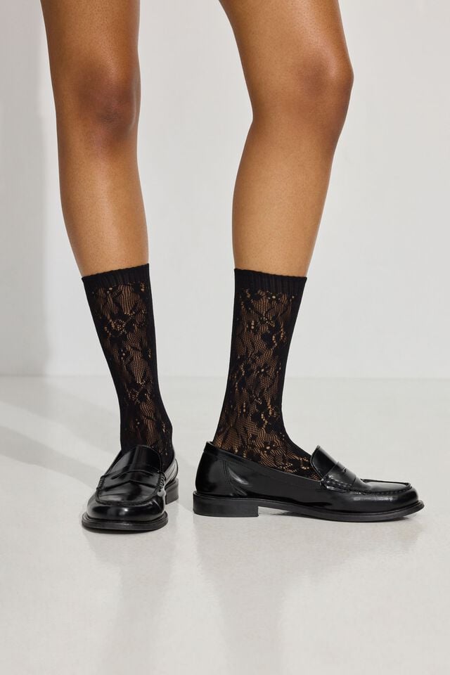 Black / White Garage Pack Of 2 Lacy Knee High Women Socks | A-3762408