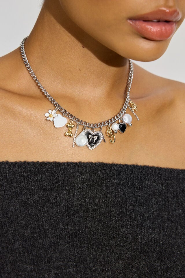 Black / White / Silver Garage Vintage Hearts & Pearls Charm Women Necklaces | A-6835270