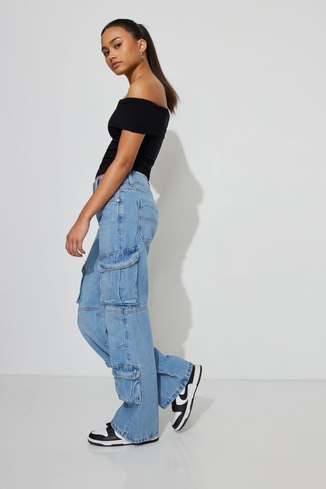 Blue Garage High Rise Wide Women Cargo Pants | A-4710698