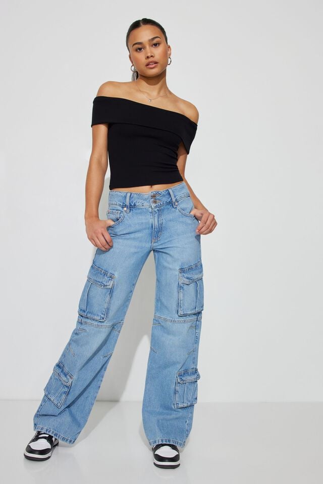 Blue Garage High Rise Wide Women Cargo Pants | A-4710698