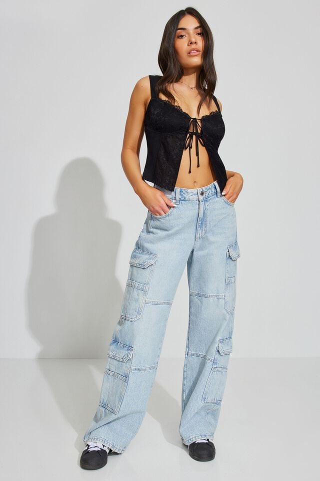Blue Garage High Rise Wide Women Cargo Pants | A-7062851