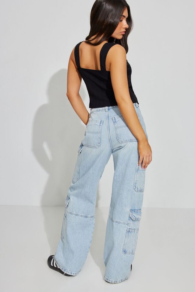 Blue Garage High Rise Wide Women Cargo Pants | A-7062851
