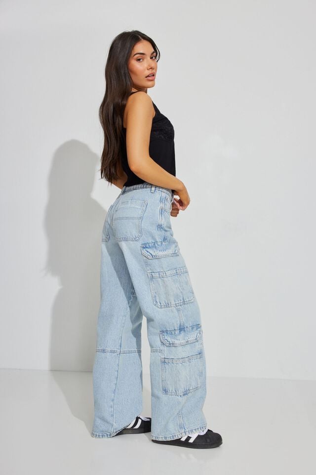 Blue Garage High Rise Wide Women Cargo Pants | A-7062851