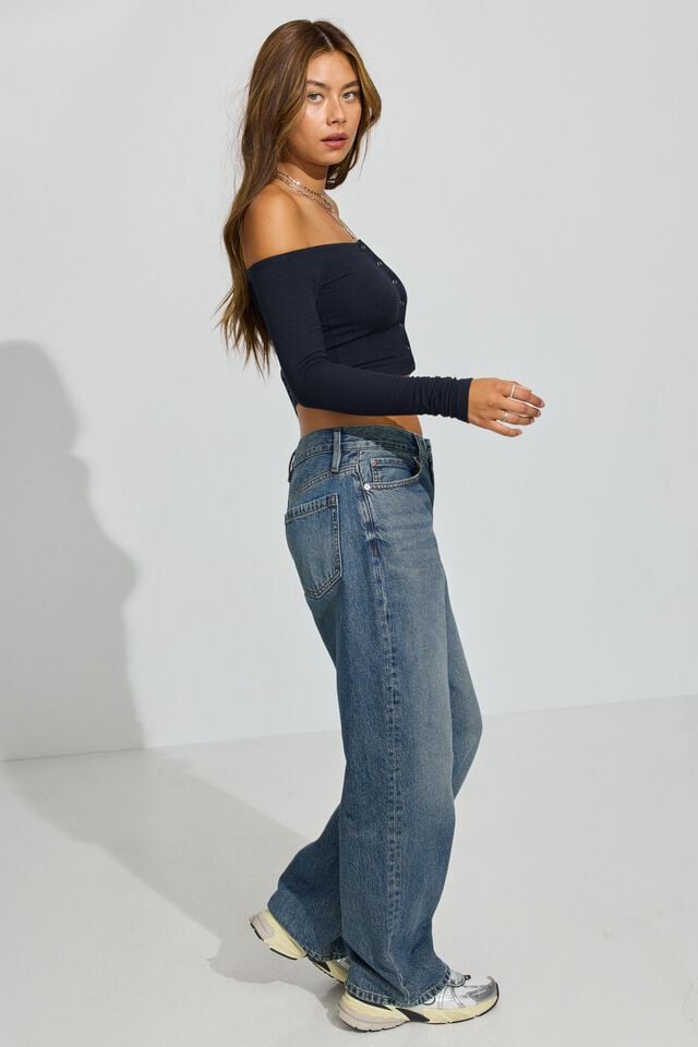 Blue Garage Off Shoulder Snap Front Women Long Sleeve | A-7286943