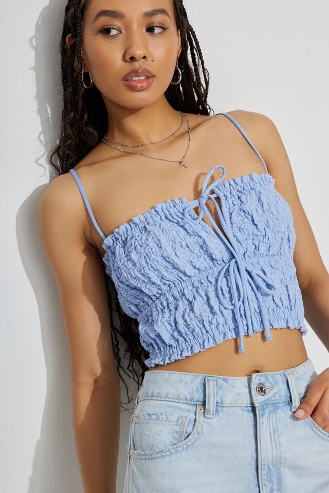 Blue Garage Scrunch Knit Tie Front Cami Women Tank Top | A-2507914