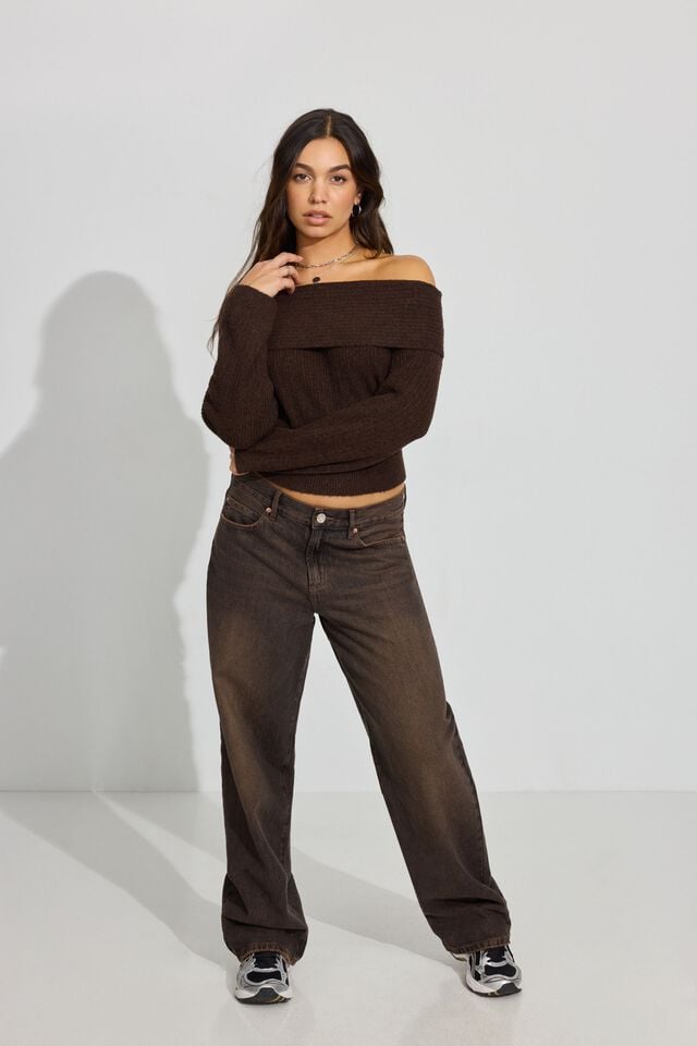 Brown Garage Cozy Loose Off Shoulder Women Sweater | A-3296751